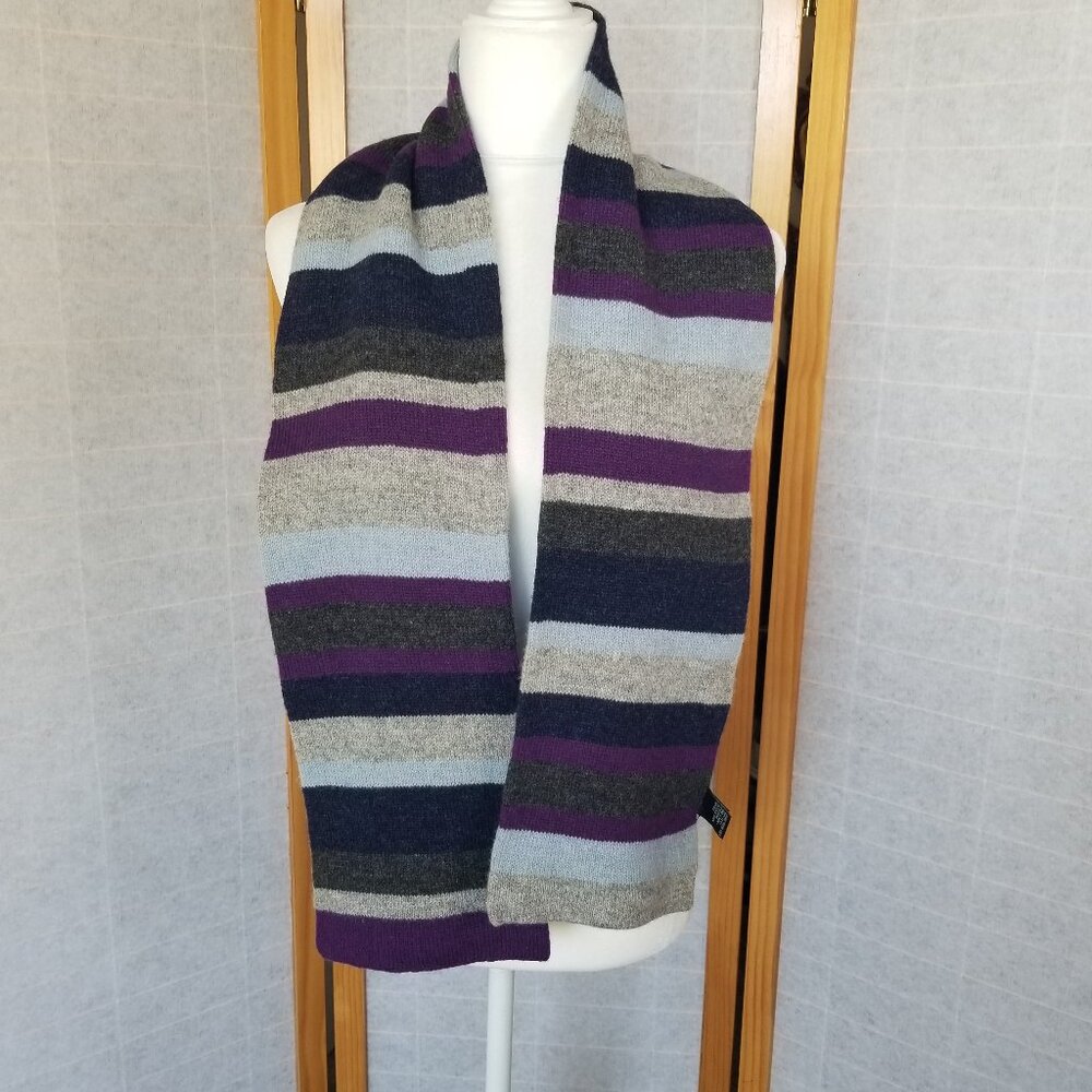 American Eagle 100% Lambswool Scarf Stipes Gray Blue Purple Navy 55" x 5"